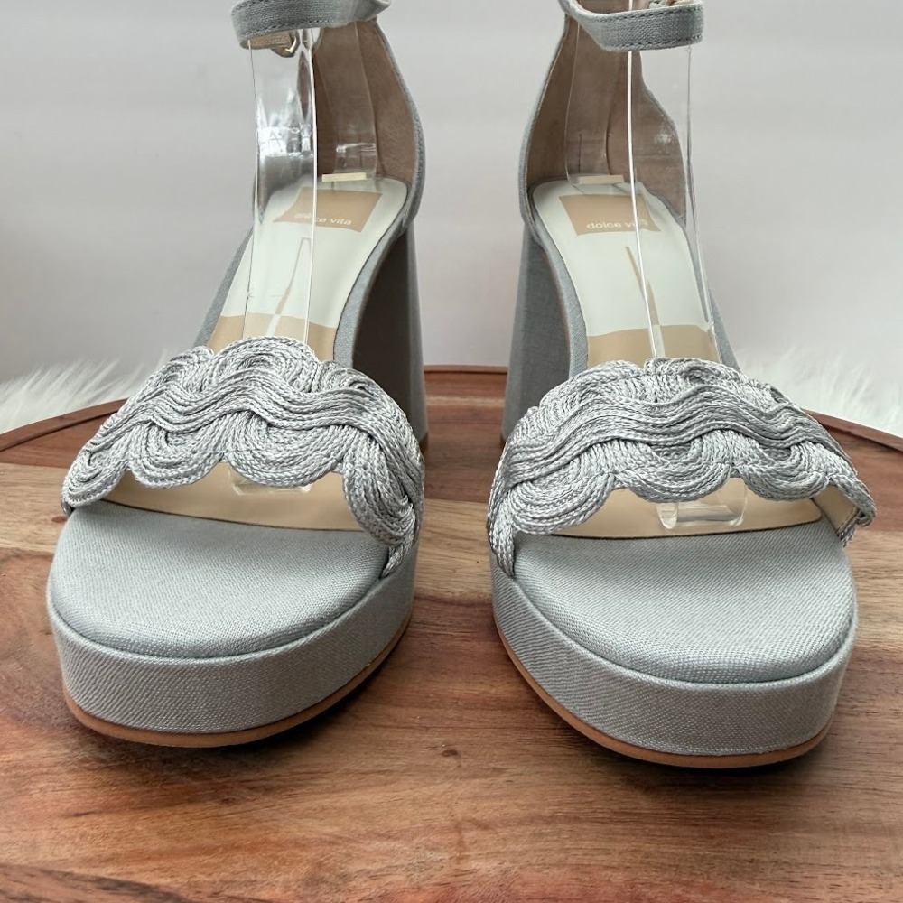 Dolce Vita Peltin Grey Woven Raffia Block Heel Platform Sandals Mens 7.5 - Picture 2 of 11